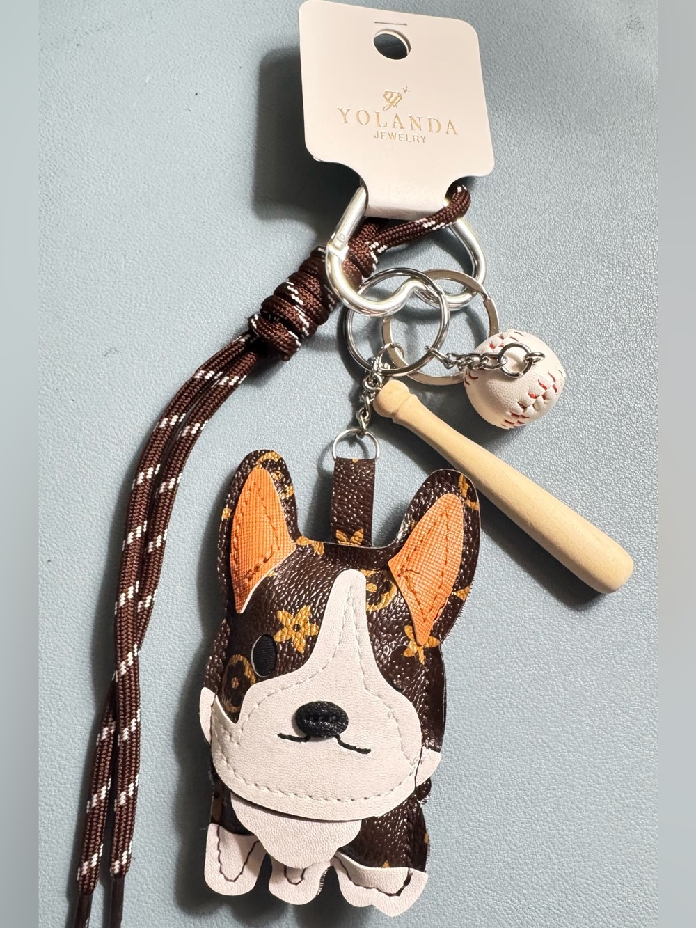 Brown Dog Keychain with Baseball & Bat Charm